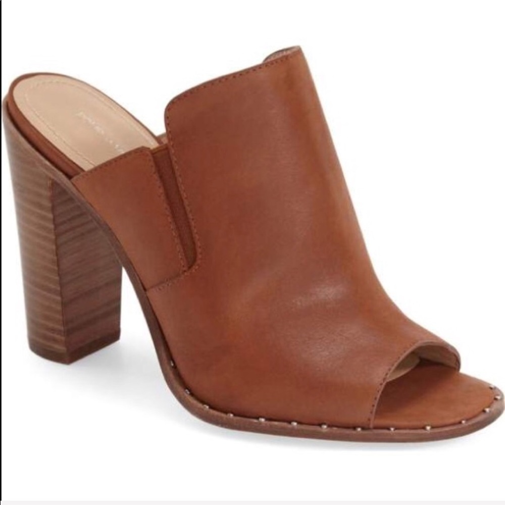NIB Cognac Leather Studded Peep Toe Mule Sandal - Picture 2 of 4